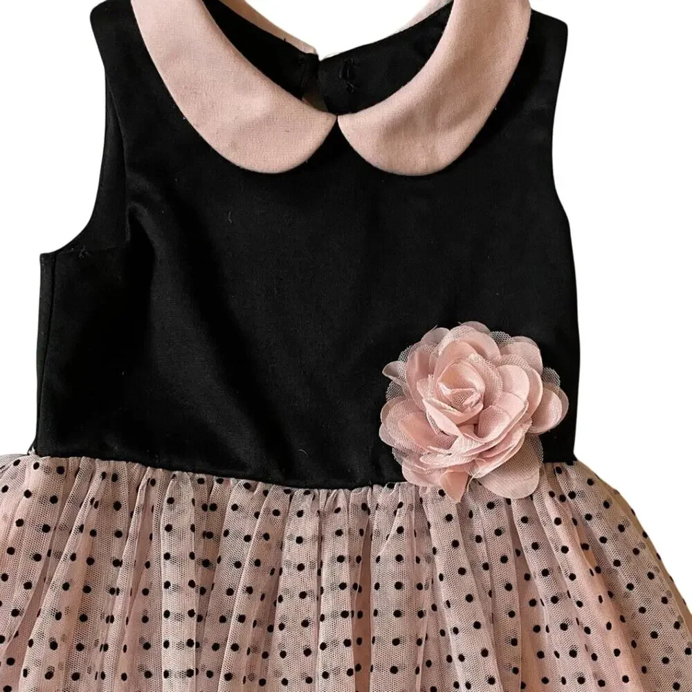 Black & Pink Polka Dot Party Dress, Tulle Flower, Sleeveless, Collared 3T